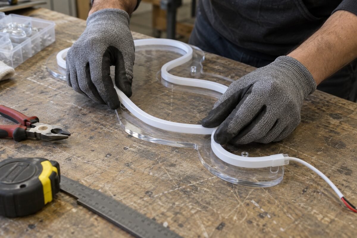 illustrative close-up of flexible led neon-style tubing on clear acrylic backing