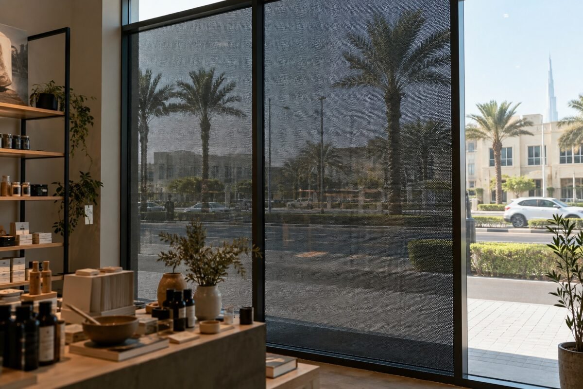 illustrative interior view through perforated window film towards a bright dubai street