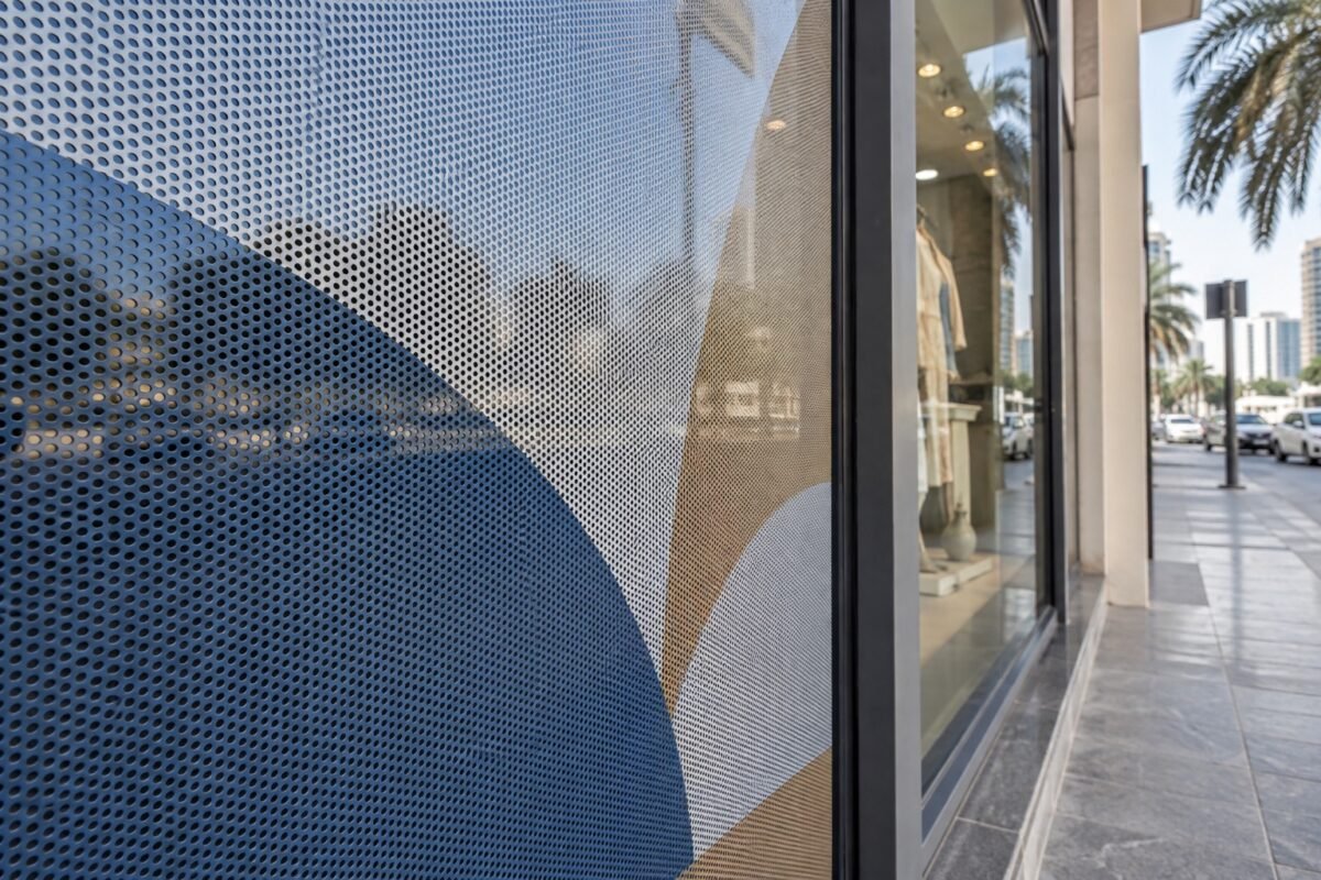 illustrative close-up of the small openings in printed one-way vision film on glass