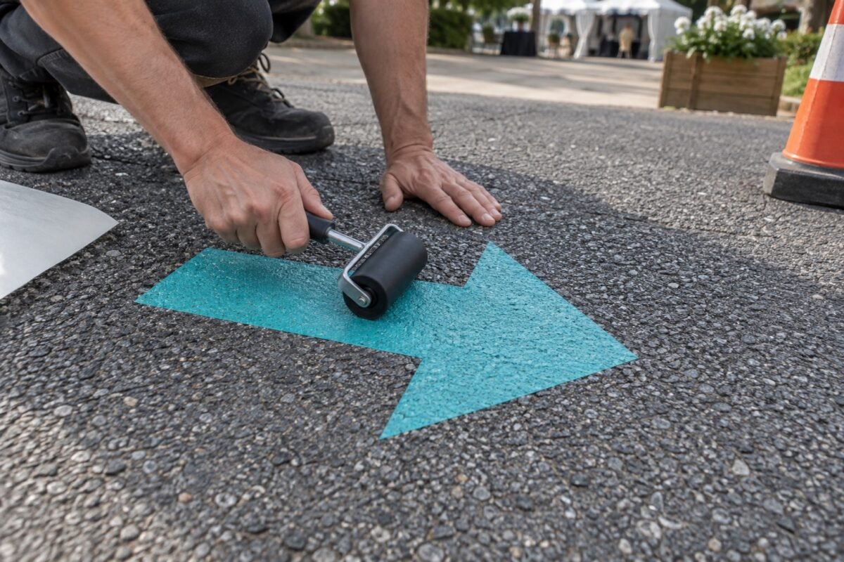 ai illustration of a ground graphic being rolled onto textured asphalt at a private venue