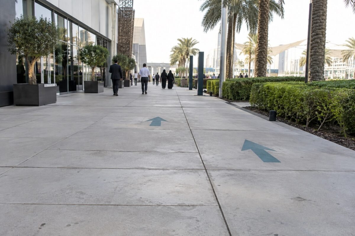 ai illustration of directional ground graphics along a private paved pedestrian path