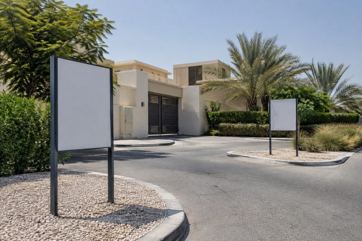 ai illustration of two blank post and panel signs at a private driveway junction