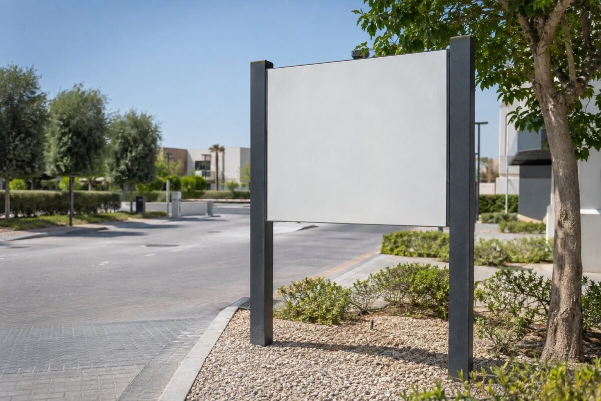 ai illustration of a blank two-post panel sign at a landscaped commercial entrance