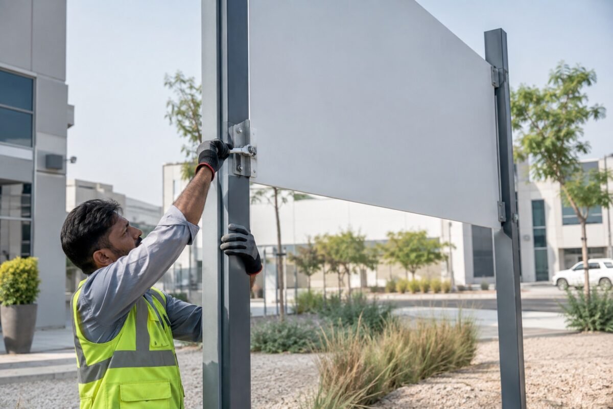 ai illustration of a worker checking a panel sign mounting clamp outdoors