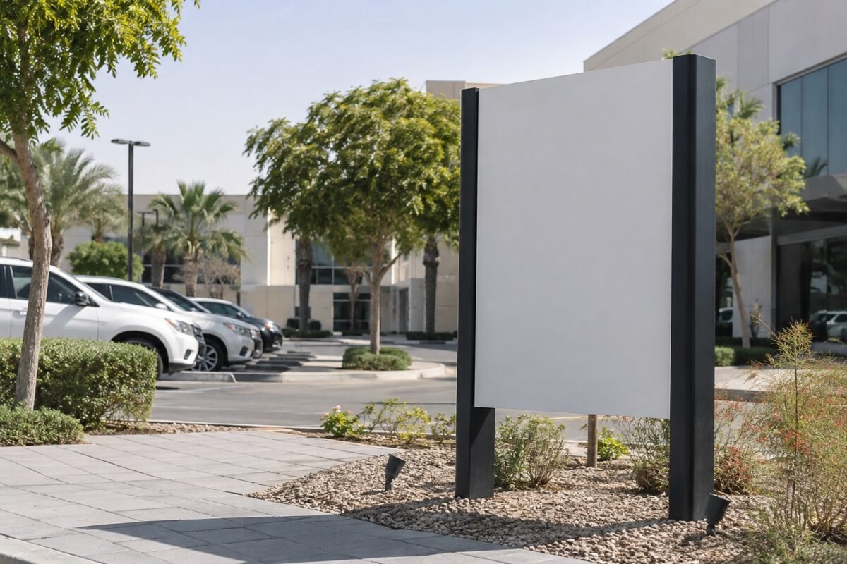 ai illustration of a blank post and panel sign near landscaped visitor parking