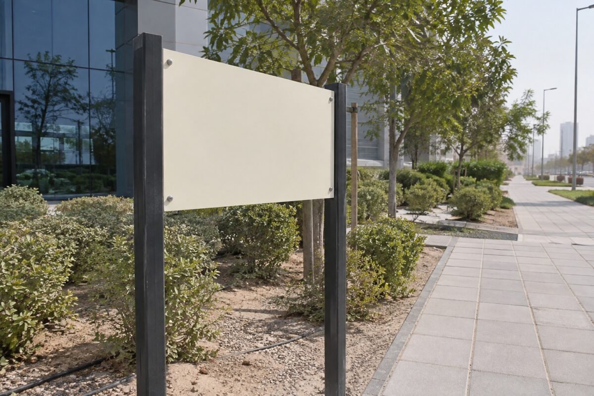 ai illustration of a blank two-post directional sign beside a business-park path