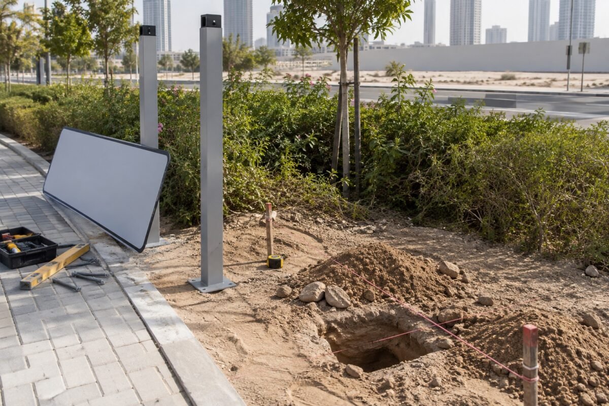 ai illustration of a measured outdoor location being prepared for a two-post sign