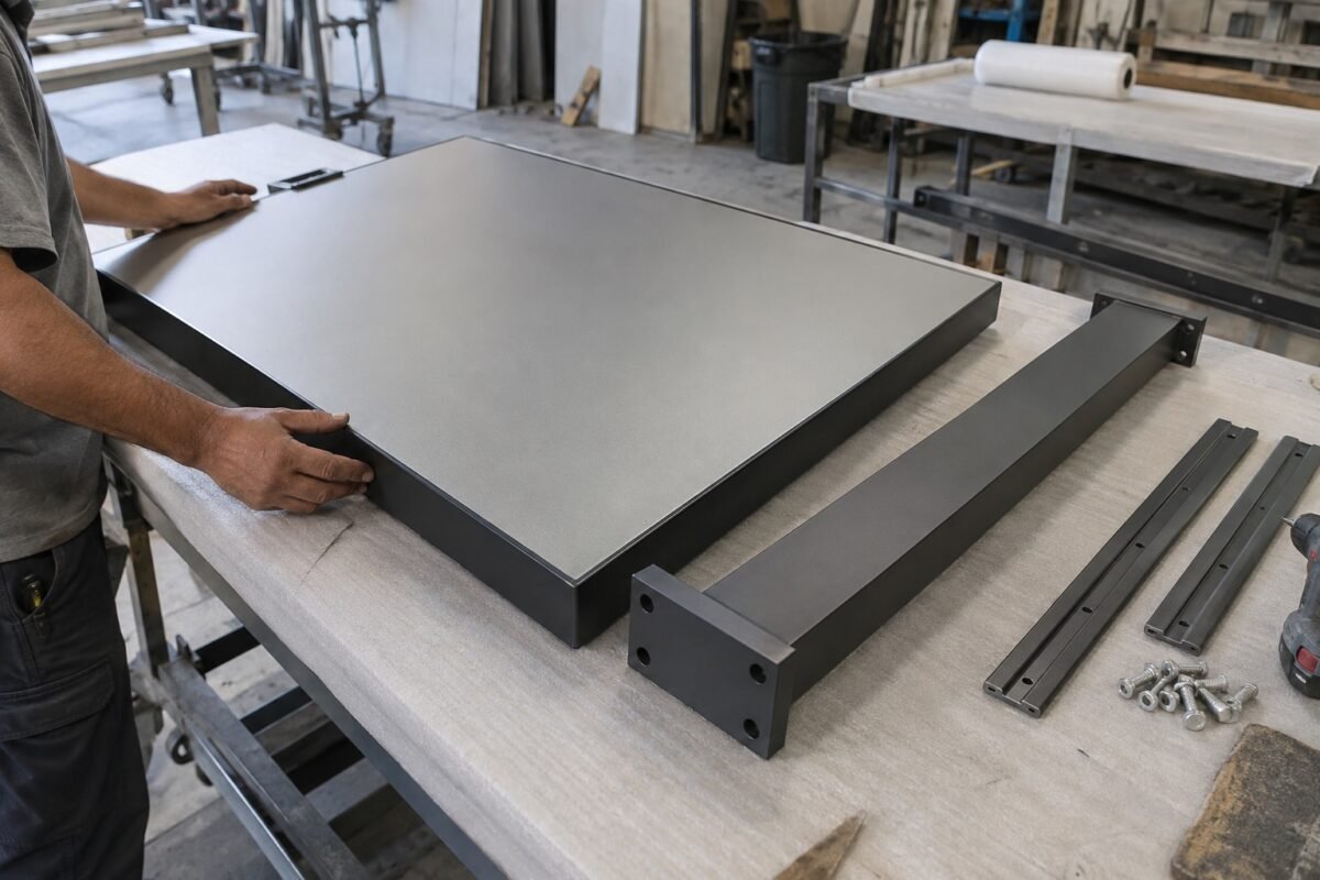 ai illustration of a metal sign panel and mounting hardware on a workshop table