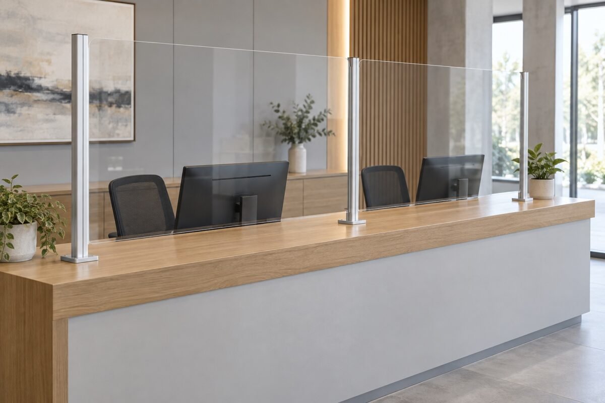 transparent reception counter panels with aluminium supports — concept illustration