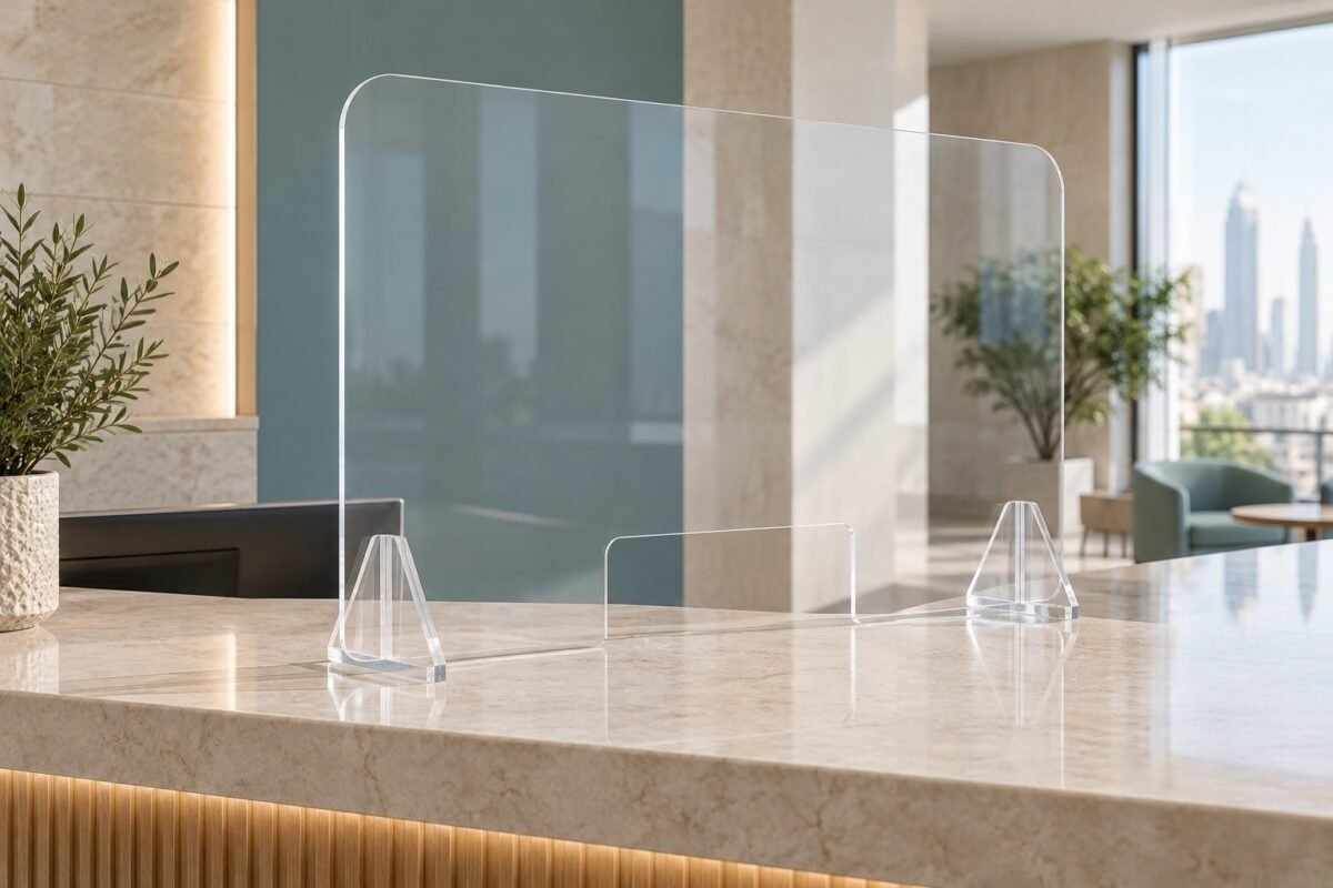 clear acrylic counter screen with support feet and document opening — concept illustration