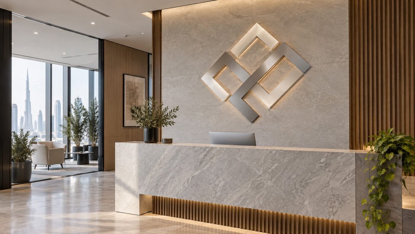 reception signs 1 reception logo sign on an office wall, dubai