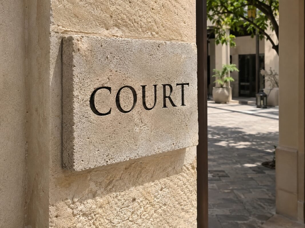 illustrative limestone court plaque with recessed letters and textured stone