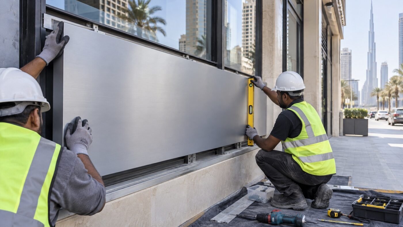 sign installation 1 technician installing a sign board on a dubai building