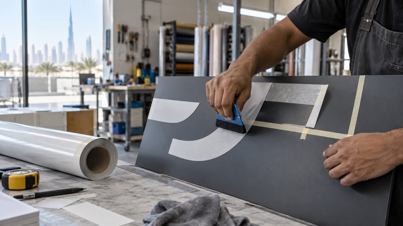 sign writing 1 illustrative view of vinyl lettering being applied to a sign panel