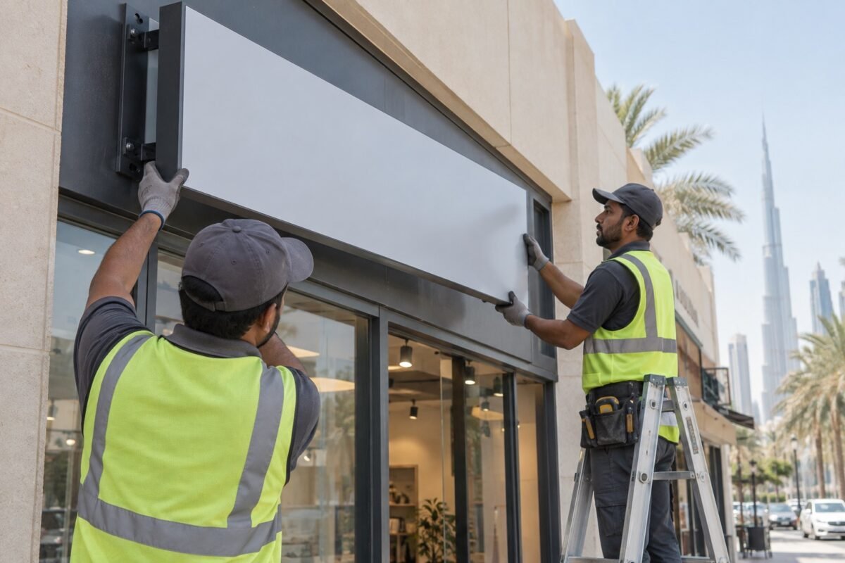 storefront signage 7 illustrative installers aligning a blank sign panel on a low-rise shopfront
