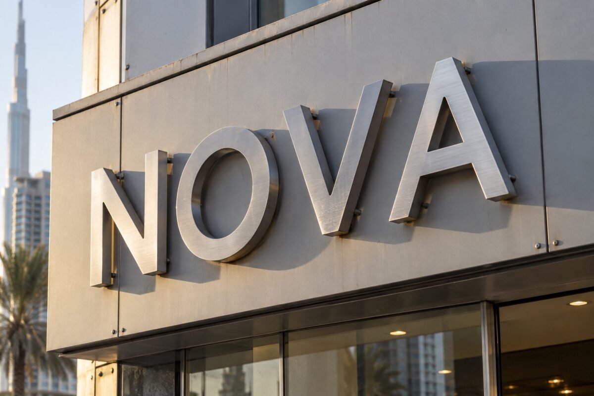 storefront signage 5 illustrative close-up of brushed-metal nova letters mounted to exterior cladding