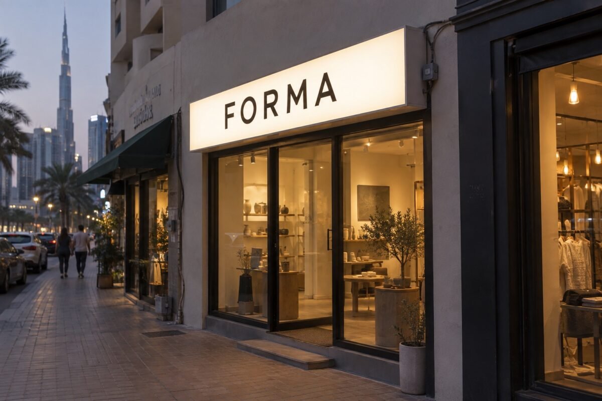 storefront signage 3 illustrative warm-white forma lightbox sign on a retail storefront at dusk