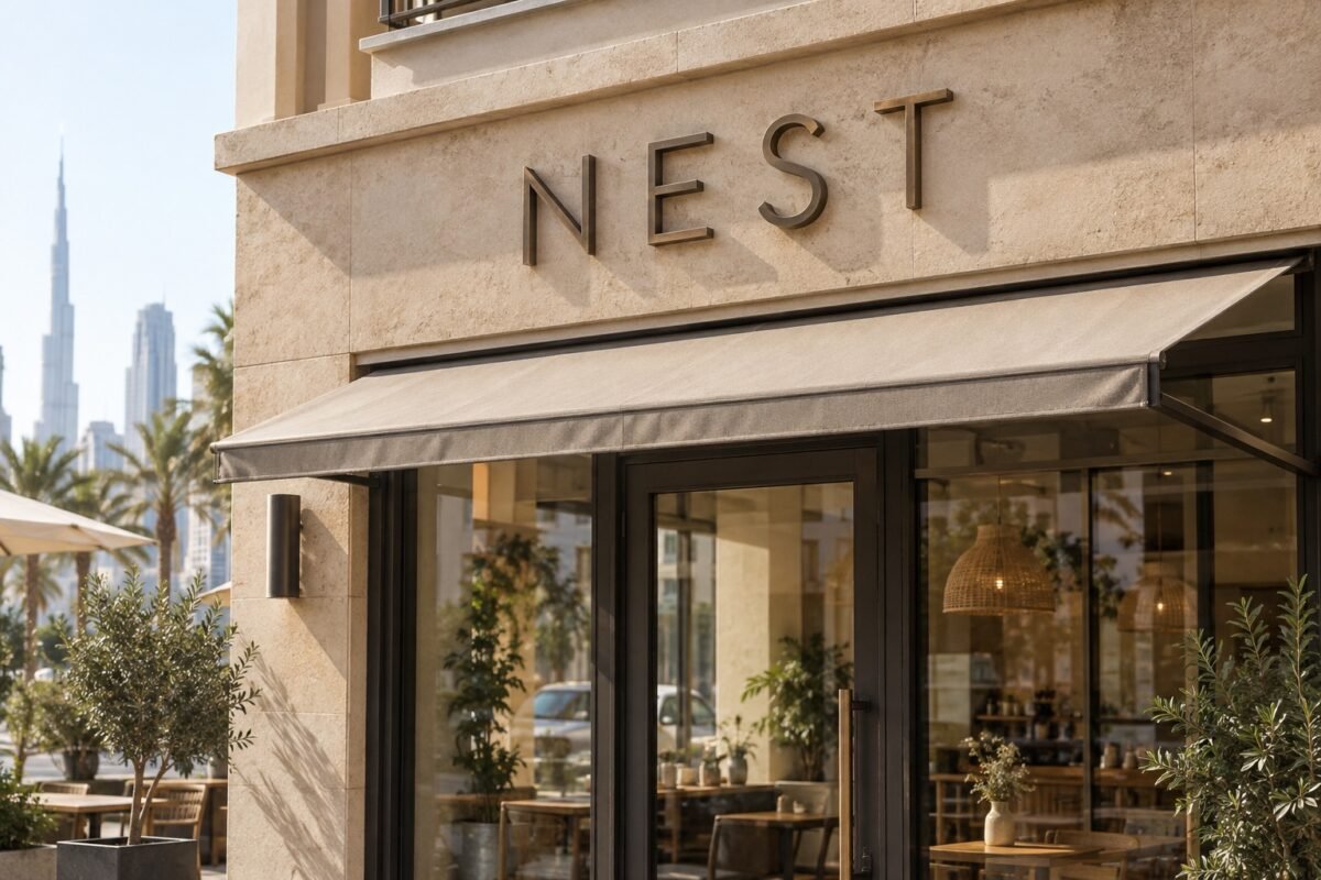 storefront signage 2 illustrative metal nest letters on a cafe stone fascia with awning