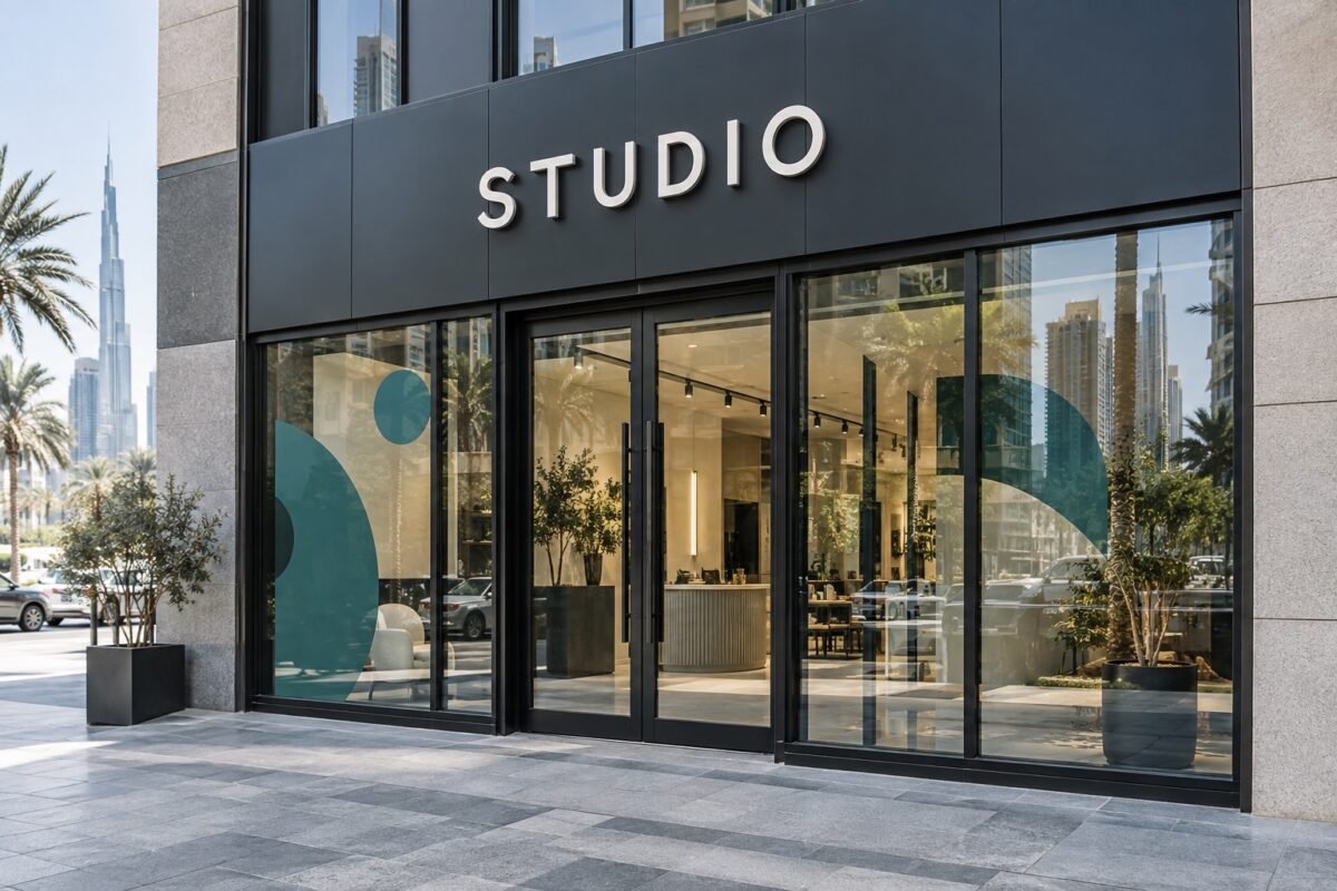 storefront signage 4 illustrative studio dimensional letters coordinated with teal window graphics