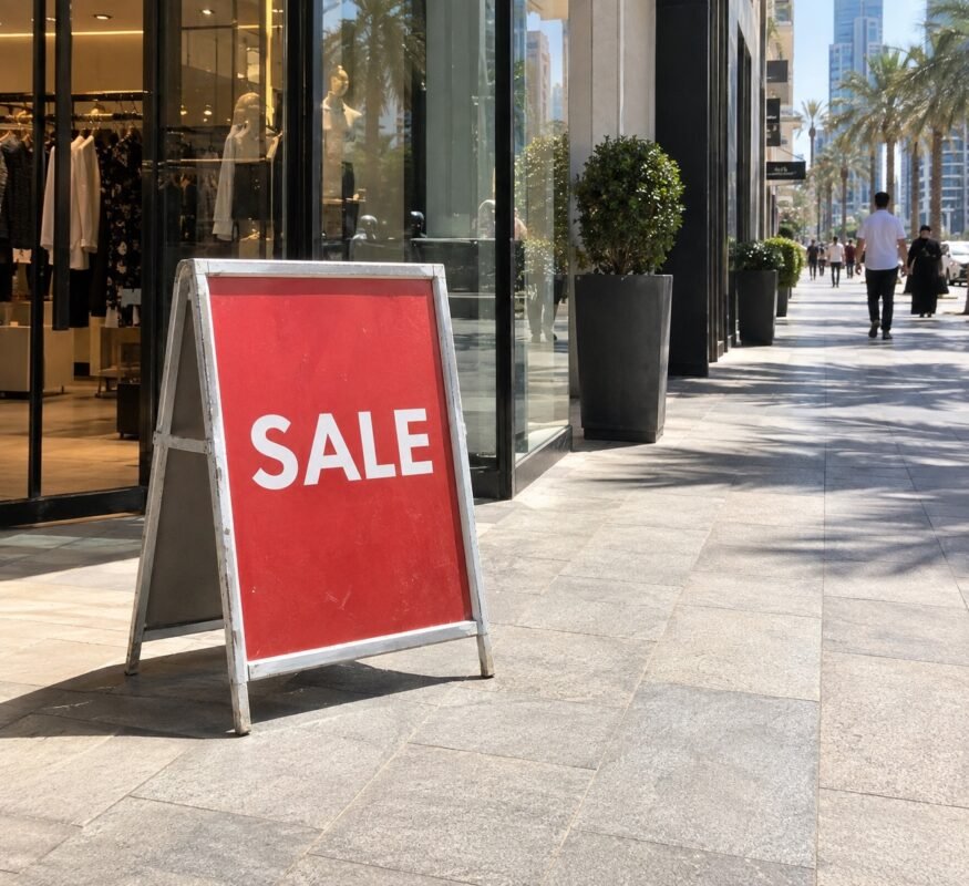 illustrative portable sale a-frame sign outside a dubai retail shop