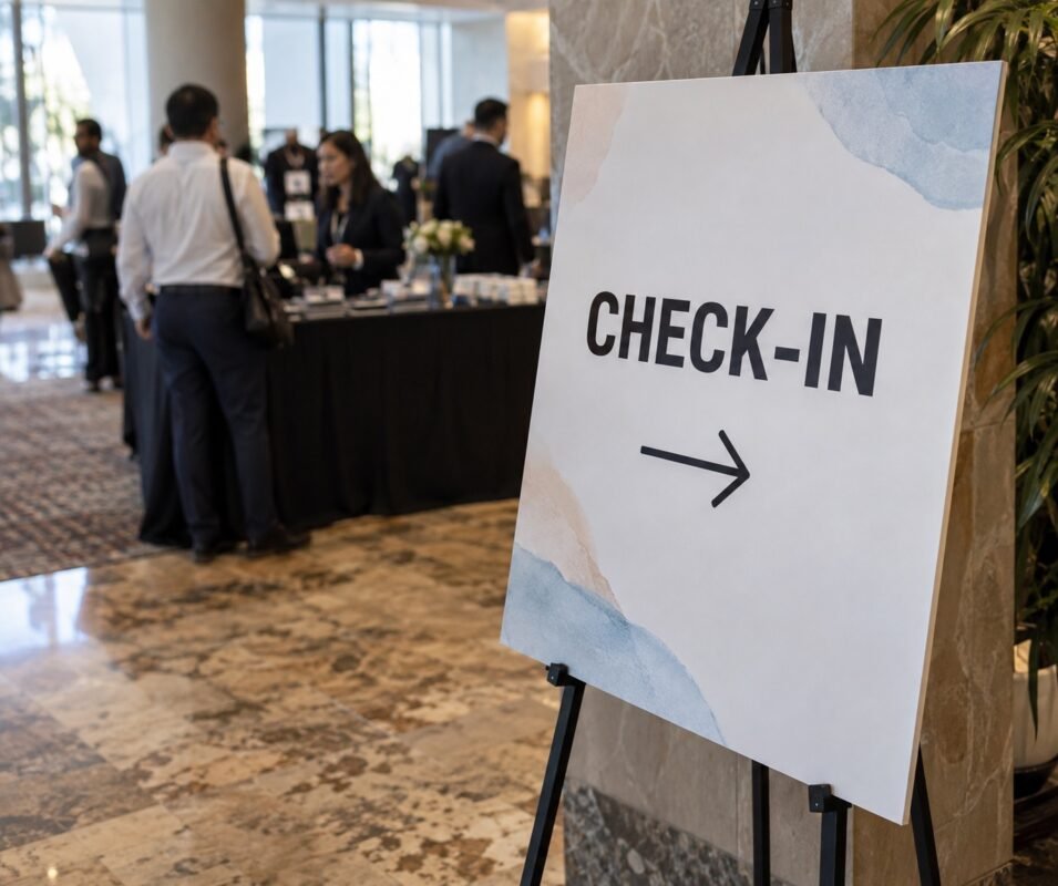 illustrative check-in foamboard on an easel at an indoor event