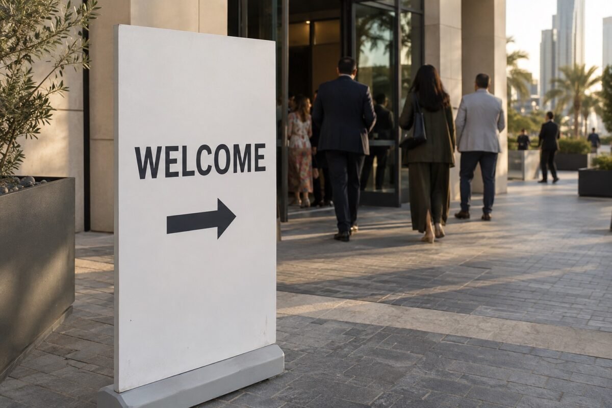 illustrative freestanding welcome event wayfinding sign at a dubai venue