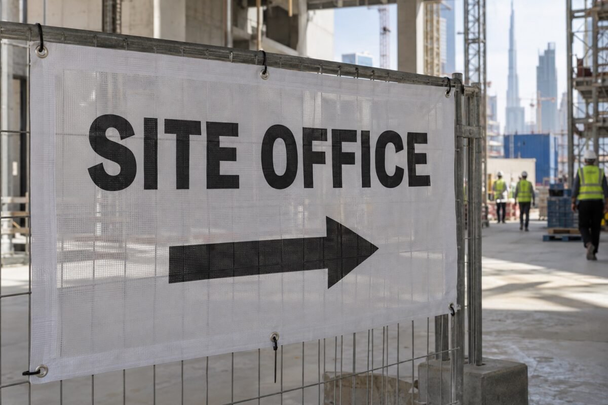 illustrative site office directional mesh banner fixed to a project fence
