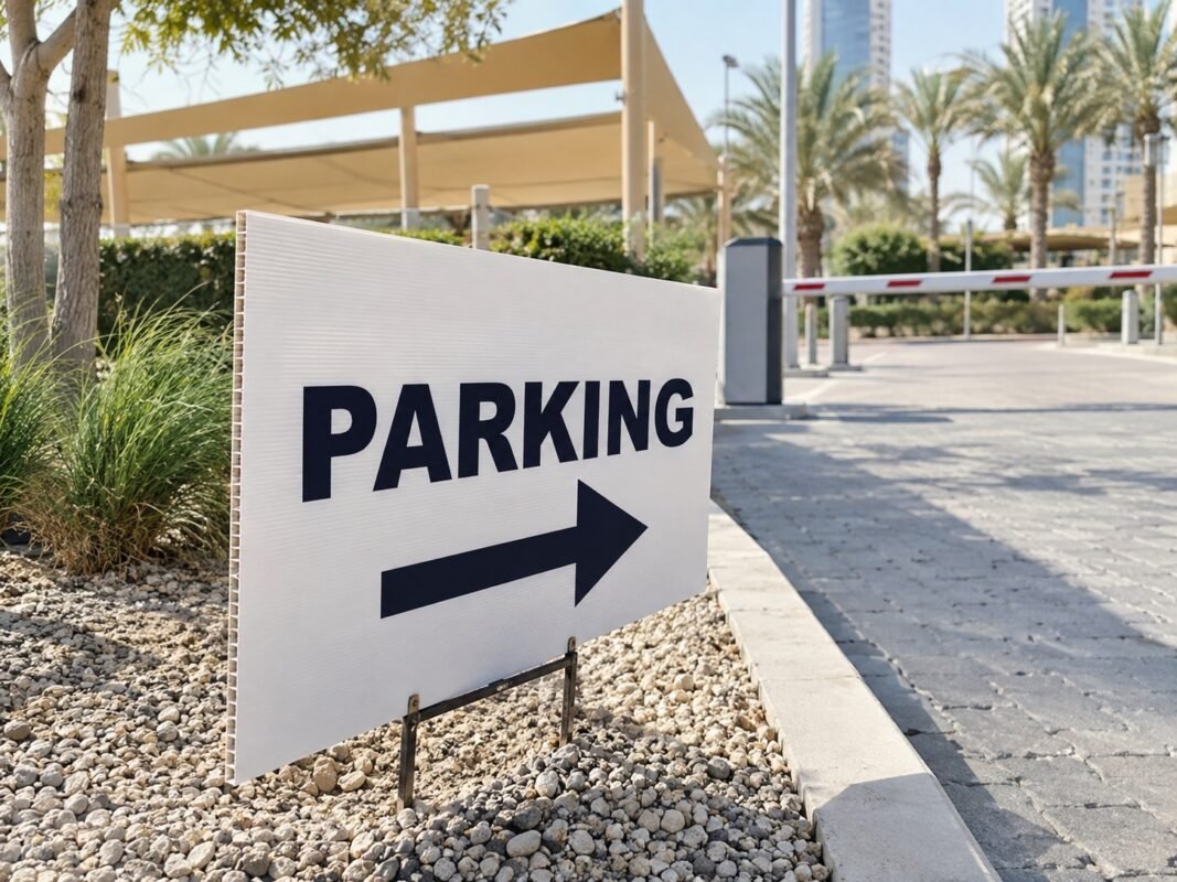 illustrative corrugated-plastic parking direction board at a private event entrance