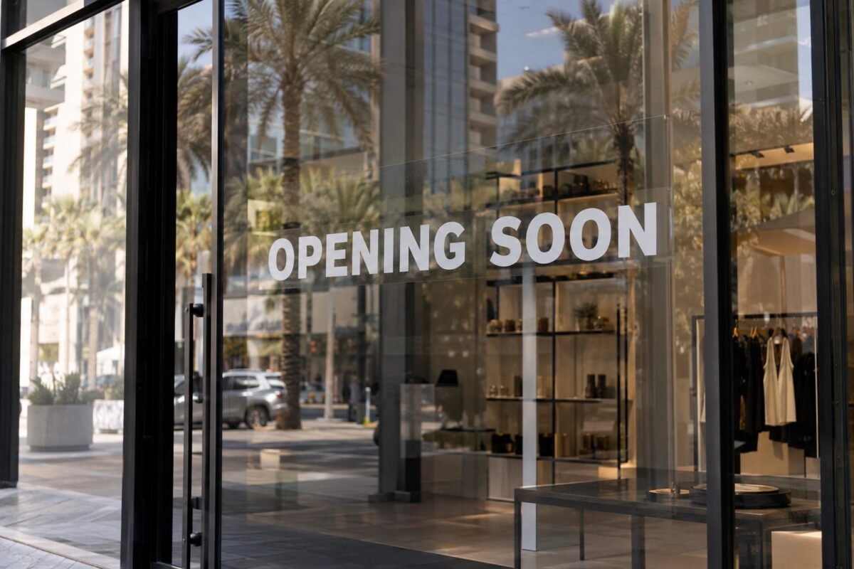 illustrative removable opening soon window lettering on a pop-up shop