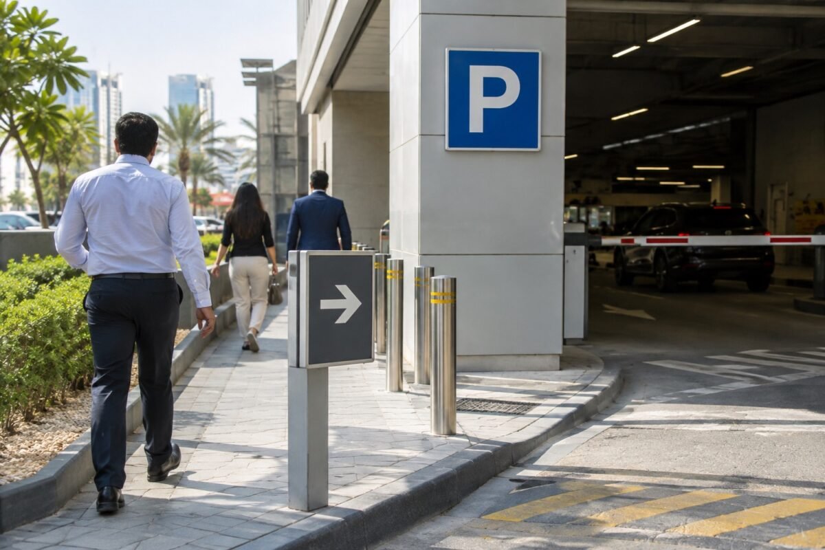 ai illustration of directional signage beside a commercial car park entrance