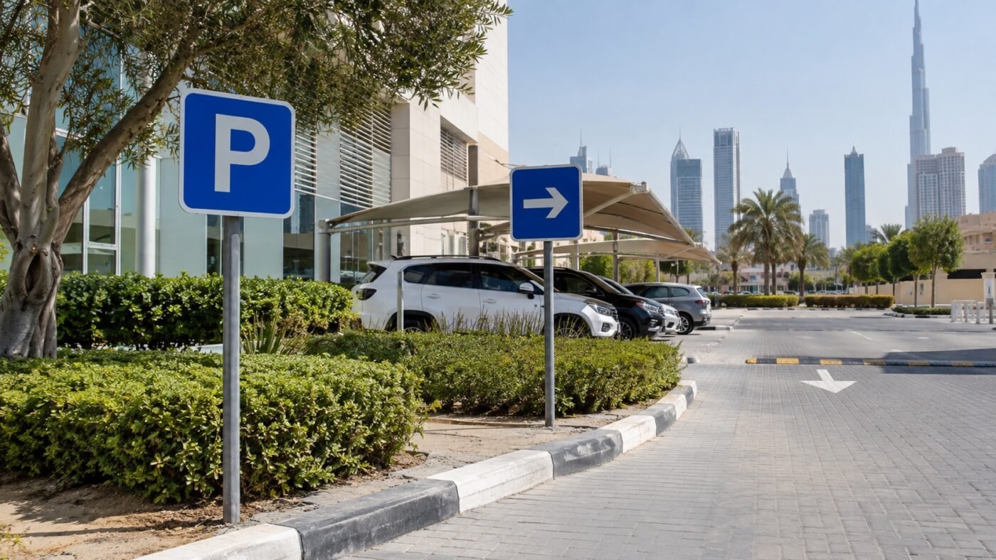 ai illustration of private-site parking and directional signs at a dubai commercial car park