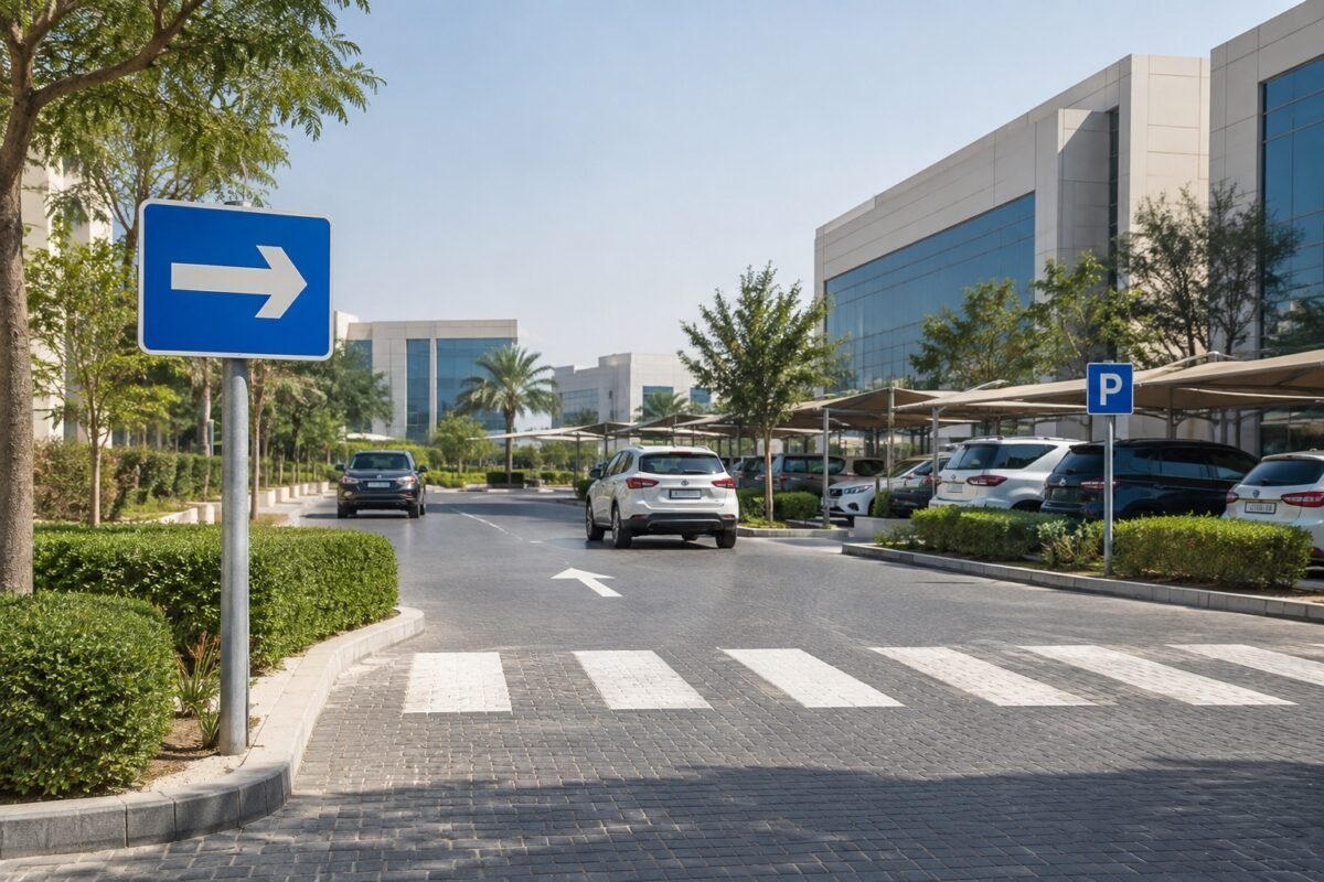 ai illustration of directional signage along an internal commercial driveway