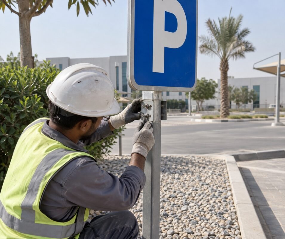 ai illustration of a worker checking sign-post mounting bolts