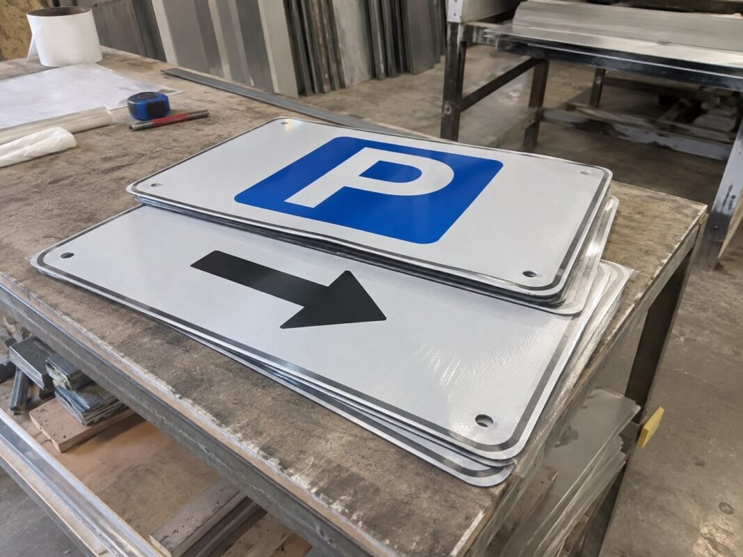 ai illustration of aluminum private-site parking sign panels on a workshop table