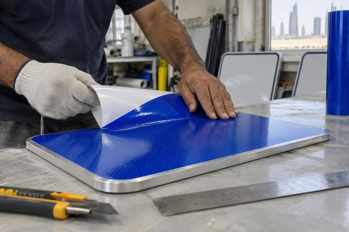ai illustration of reflective sheeting being applied to an aluminum sign panel
