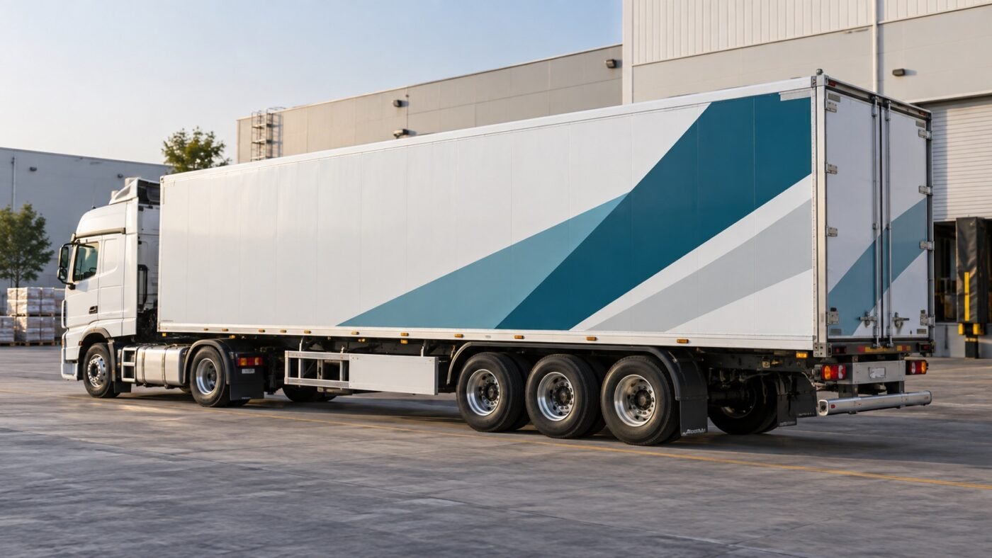 trailer signs & branding 1 trailer branding: illustration of a box trailer with text-free geometric graphics in an industrial yard