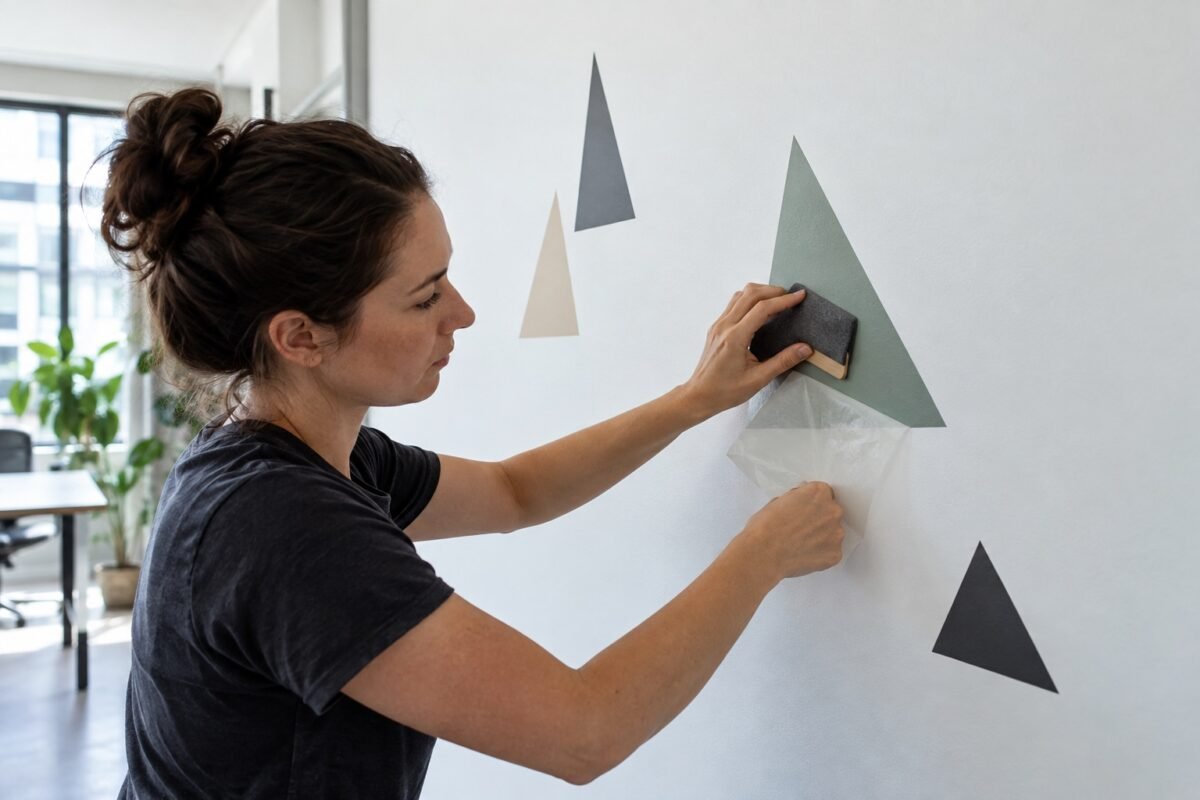 ai illustration of an installer applying separate geometric wall decals
