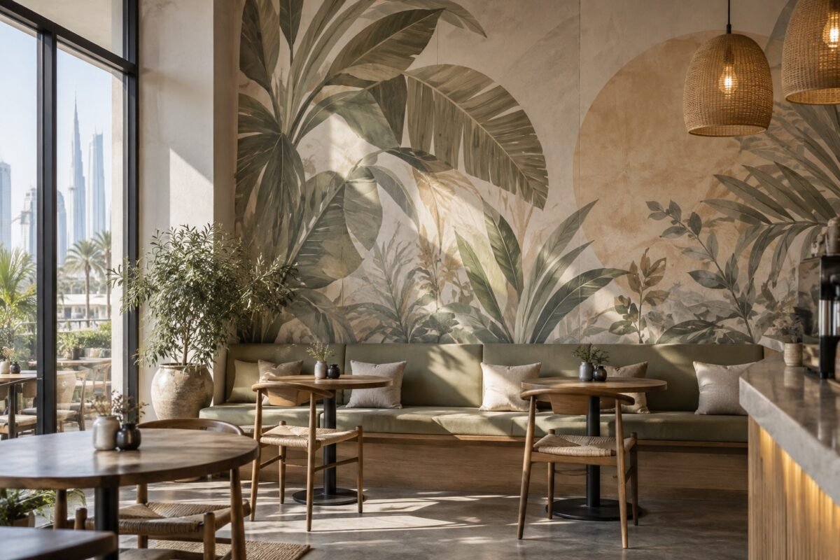 ai illustration of a botanical wall mural in an unbranded café