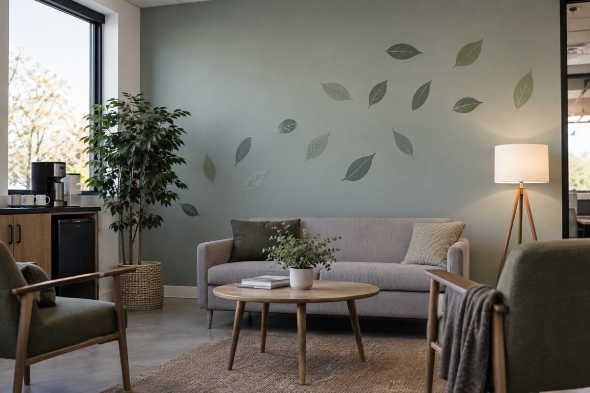 ai illustration of separate leaf decals on a workplace lounge wall