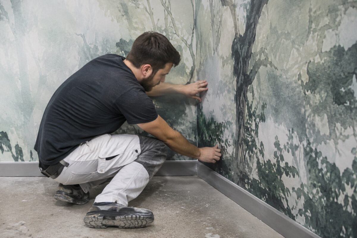 ai illustration of a technician aligning printed mural panels at a corner