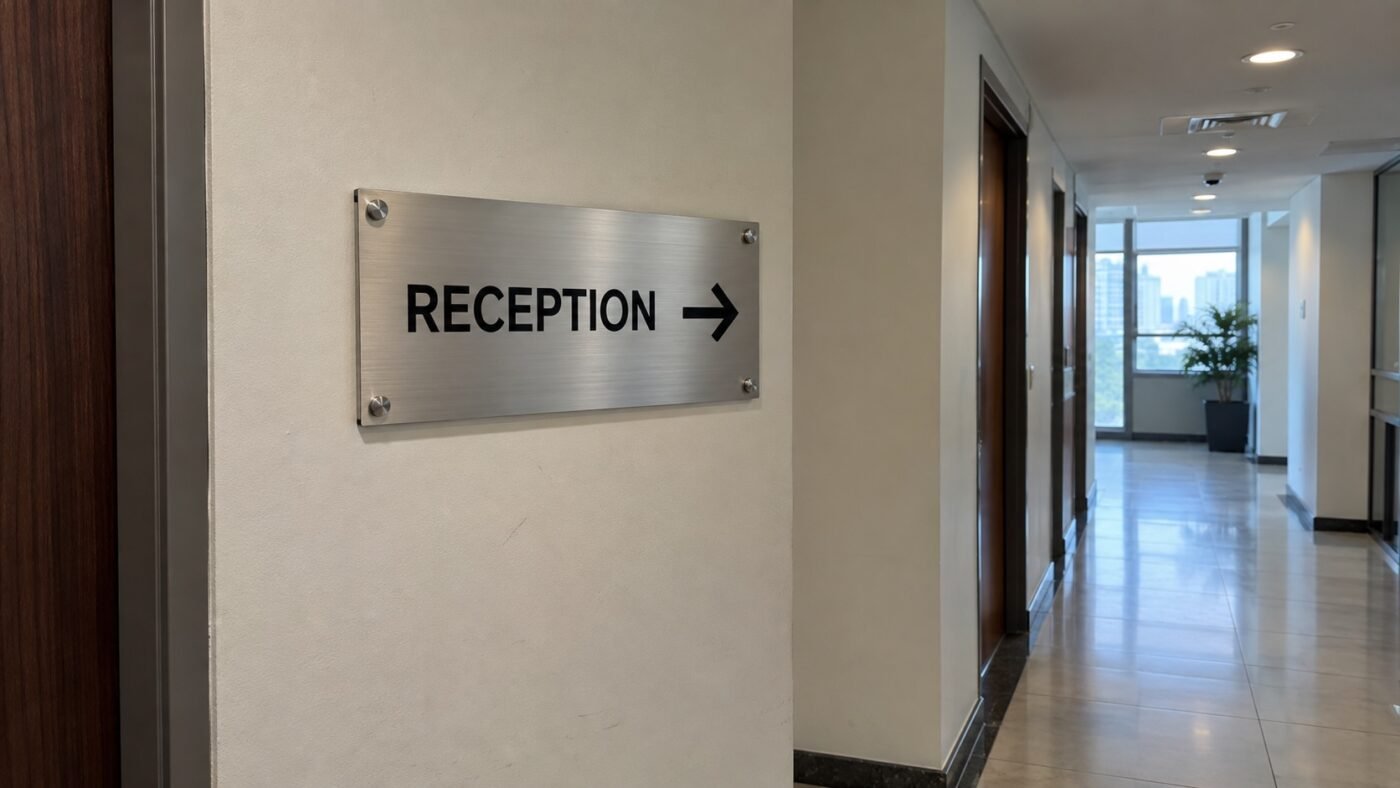illustrative brushed-metal reception directional sign in a dubai office corridor