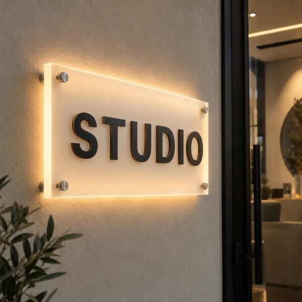 Custom Backlit Acrylic Sign STUDIO metal lettering on illuminated acrylic panel