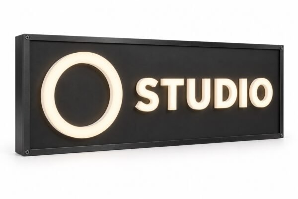 Warm white LED acrylic neon logo sign in brushed black frame, Dubai