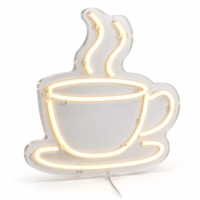 Coffee cup artwork made from warm white LED neon lines on clear acrylic, studio illustration