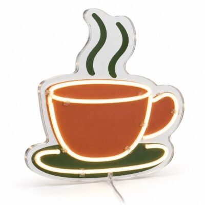 Terracotta and green printed coffee cup artwork with LED neon outline on acrylic, studio illustration