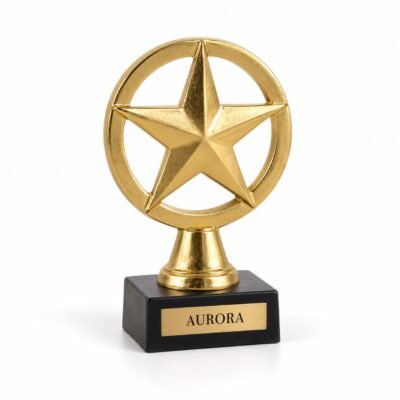 Gold-finish Aurora kids trophy with joined star and ring on black base, studio illustration