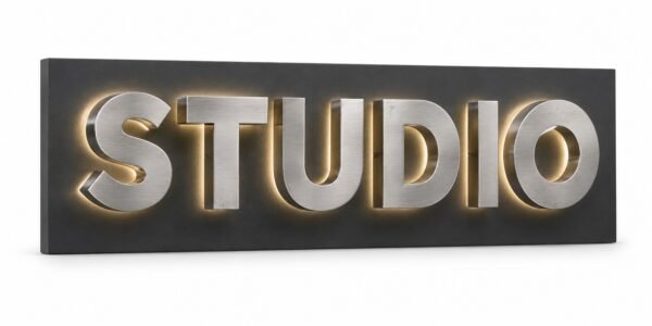 Halo lit stainless steel back lit letters glowing on a wall, Dubai