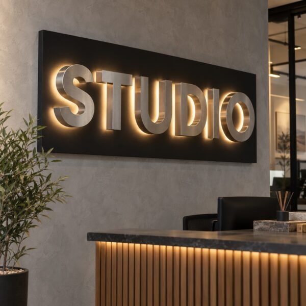 Back Lit Sign STUDIO solid stainless steel lettering with warm rear halo