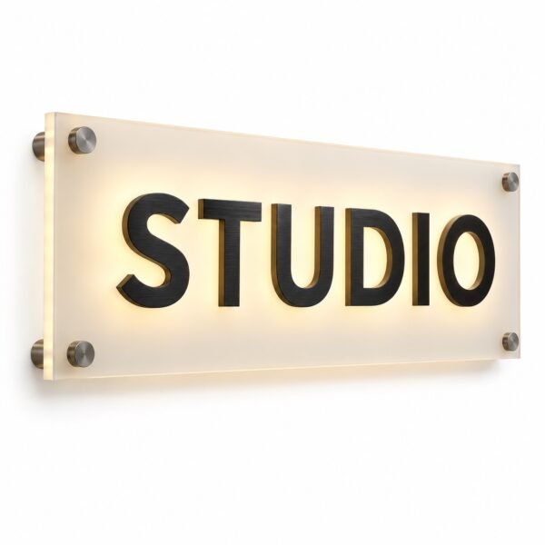 Backlit acrylic logo panel with brushed black metal letters, Dubai