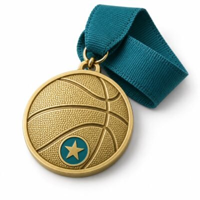 AI-generated studio illustration of gold basketball medal with teal logo insert and ribbon